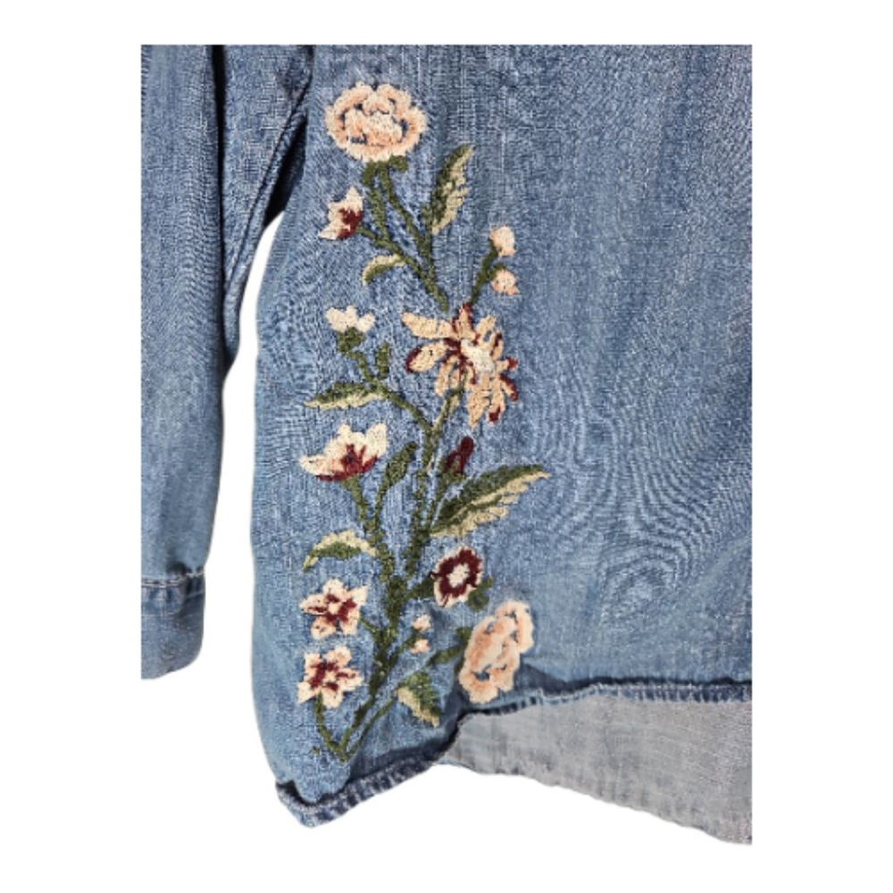 Style & Co Blue Chambray Floral Embroidered Denim Button Down Shirt XL - Picture 3 of 7